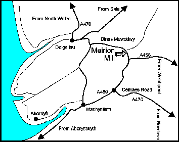 A map showing how to reach Meirion Mill
